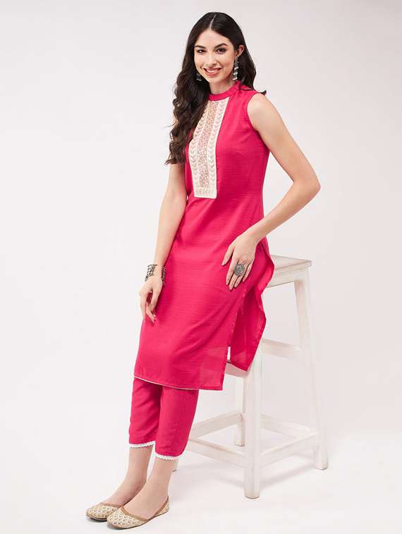 women pink mock neck kurta pant set - 21567197 -  Standard Image - 1