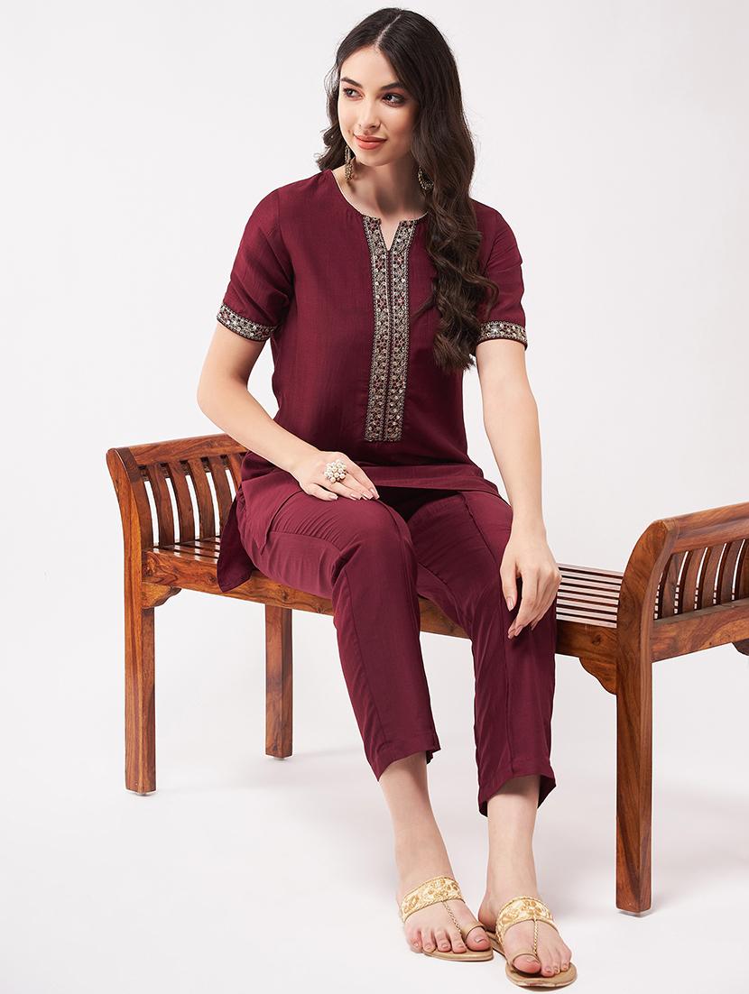 women solid short sleeve ethnic co-ord set - 21567198 - Standard Image - 1