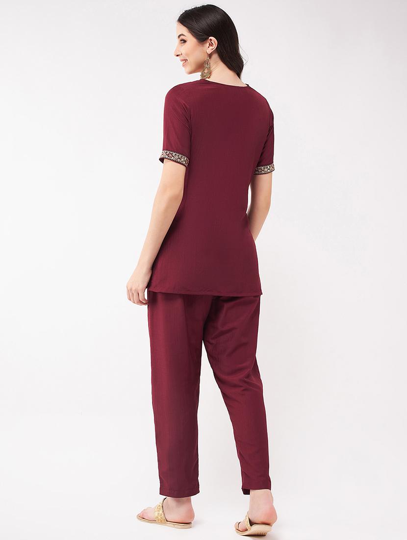 women solid short sleeve ethnic co-ord set - 21567198 - Standard Image - 4