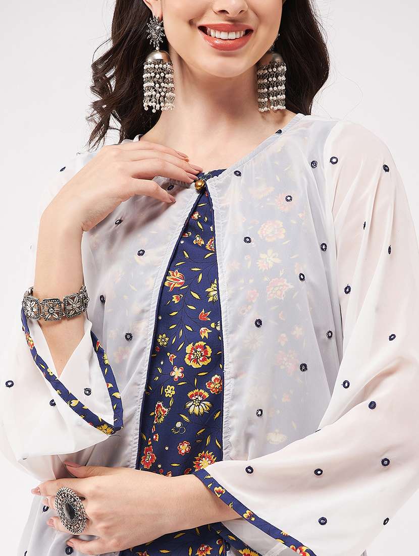 Women Floral Skirt Top Set With Long Shrug