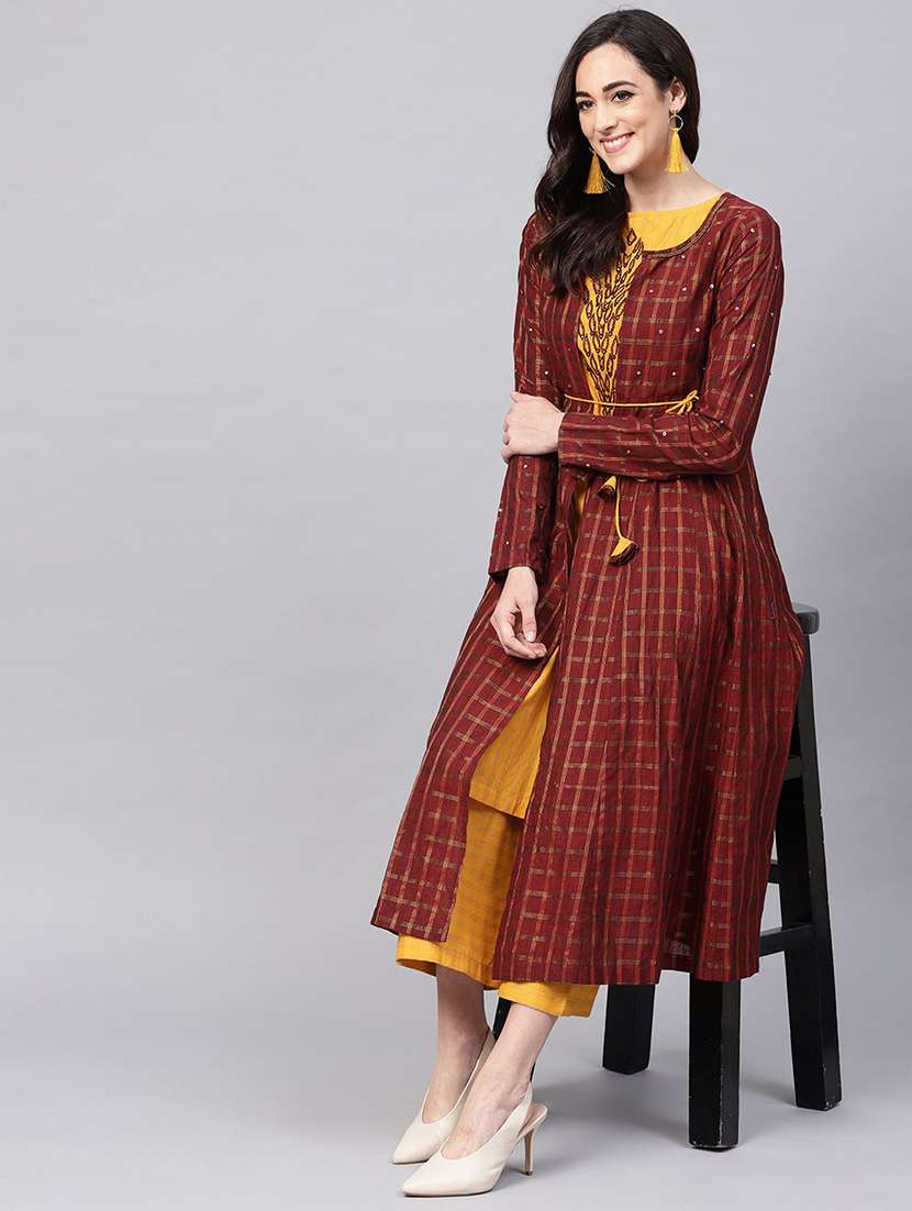 women maroon round neck kurta palazzo set - 21567227 -  Standard Image - 1