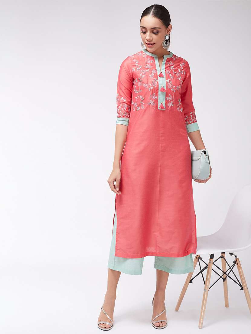 women pink embroidered kurta palazzo set