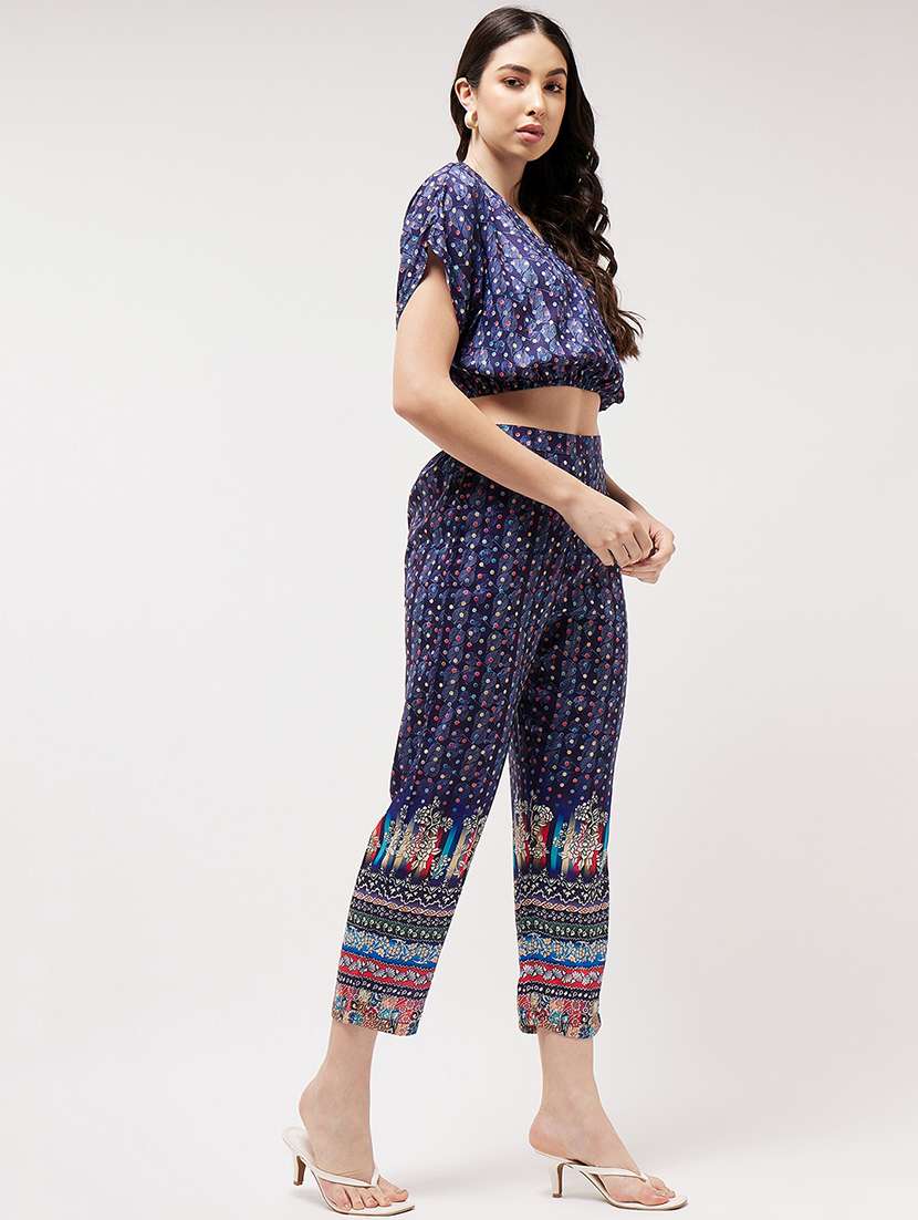 women blue printed v neck co-ord set - 21567263 -  Standard Image - 1