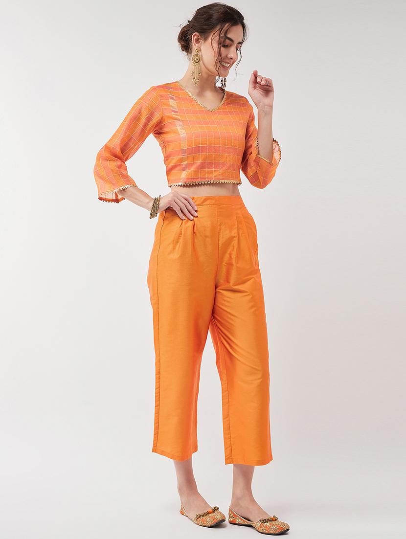 women orange checks v neck co-ord set - 21567268 - Standard Image - 1