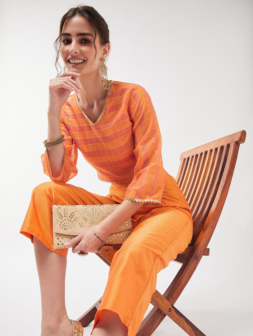 women orange checks v neck co-ord set - 21567268 - Standard Image - 4
