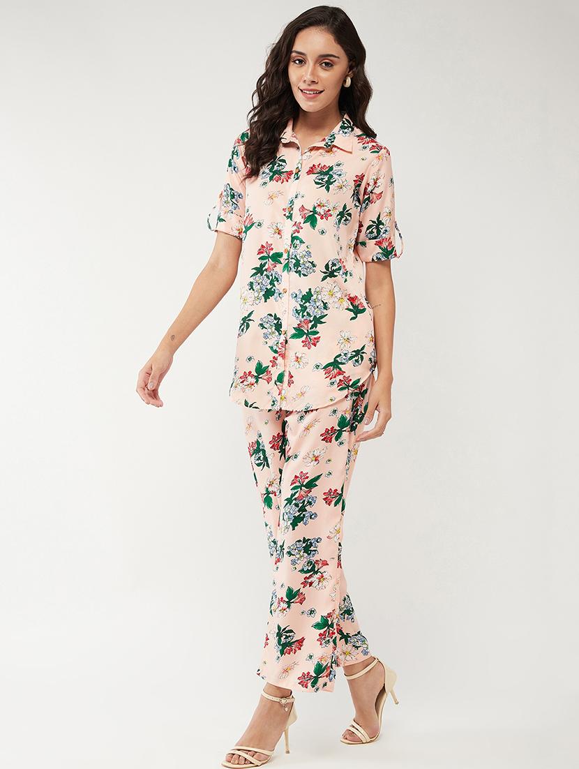 women cream floral shirt collar neck co-ord set - 21567269 -  Standard Image - 1