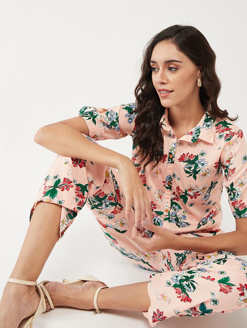 women cream floral shirt collar neck co-ord set - 21567269 - Standard Image - 4