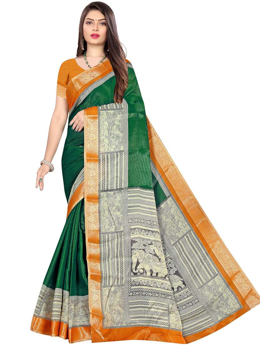 women green solid zari boredered saree - 21567464 -  Standard Image - 1