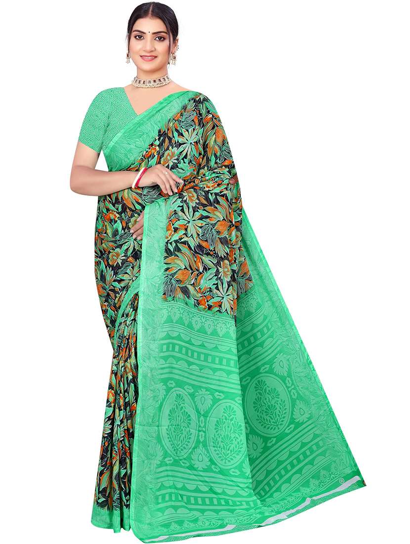 women leaf printed contrast pallu saree - 21567547 - Standard Image - 1