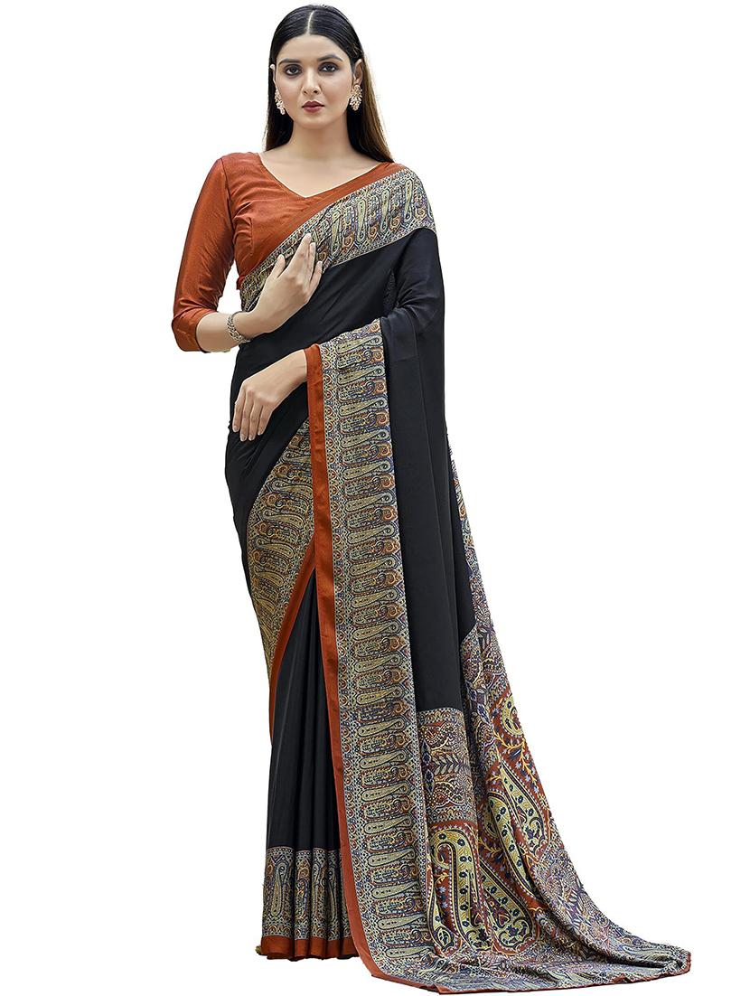 women black solid printed bordered saree - 21567783 - Standard Image - 1