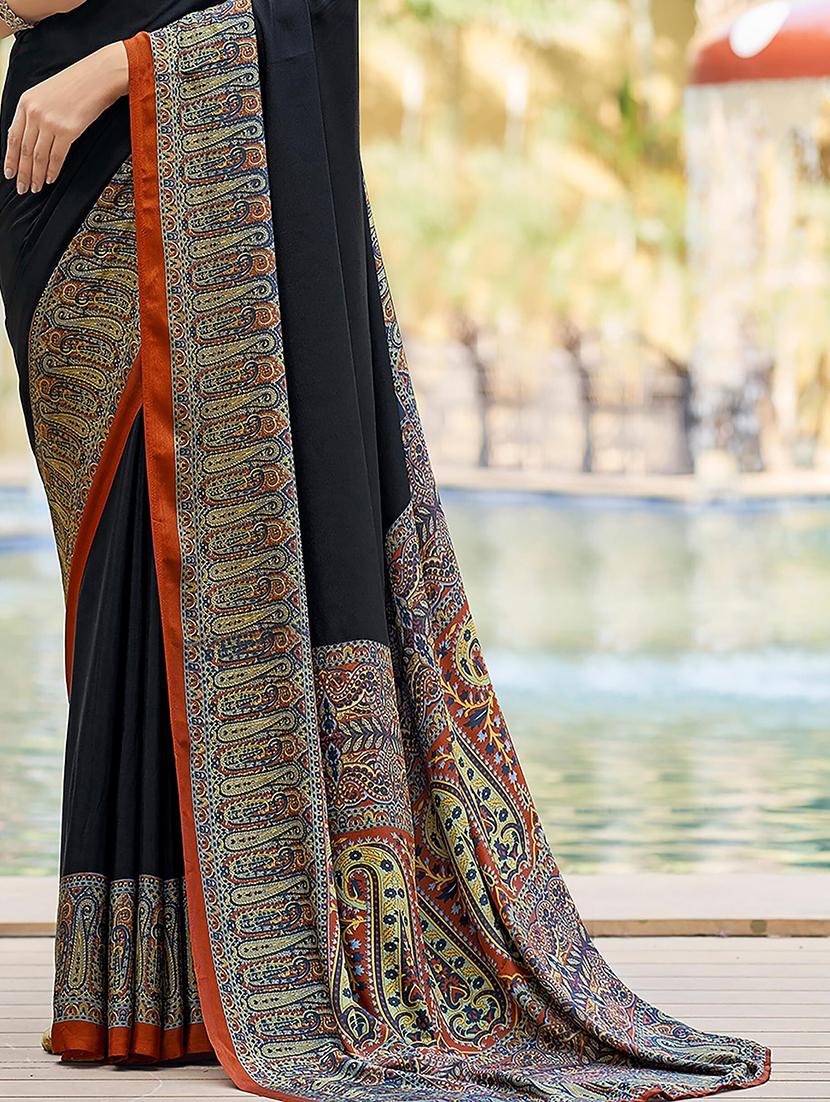 women black solid printed bordered saree - 21567783 - Standard Image - 4
