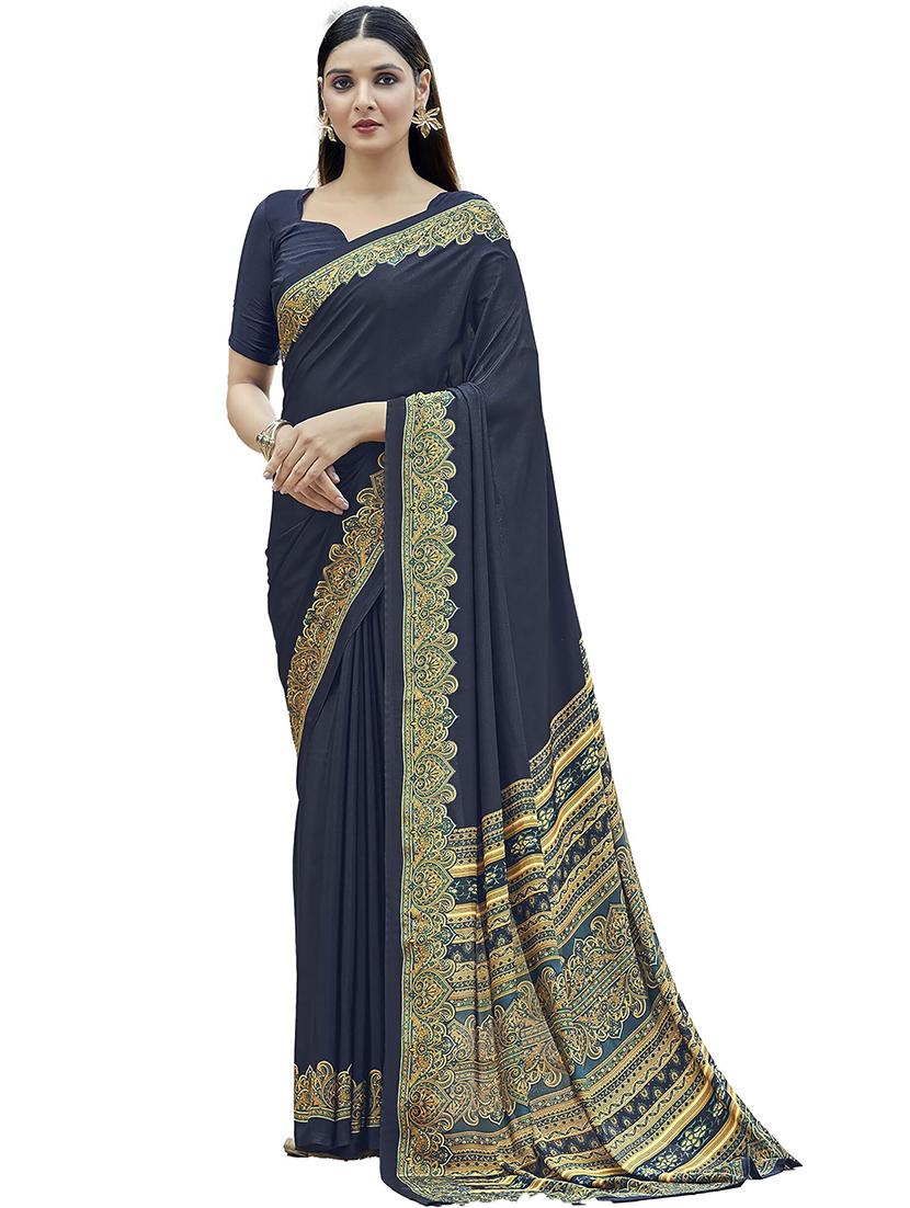 women blue solid bordered saree - 21567786 - Standard Image - 1