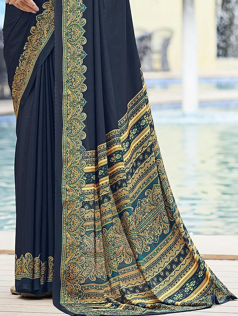 women blue solid bordered saree - 21567786 - Standard Image - 4