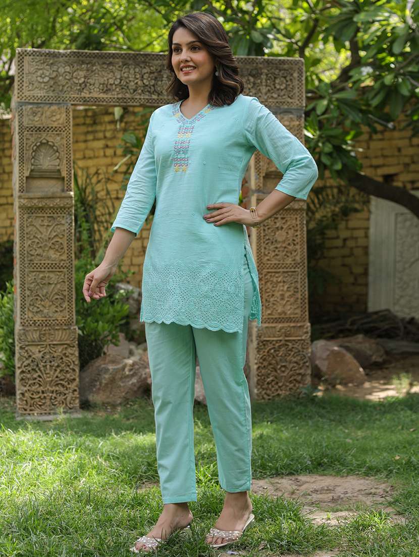 women turquoise embroidered co-ord set - 21567813 -  Standard Image - 1