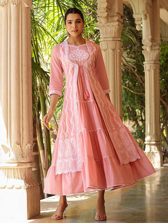 women peach embroidered tiered ethnic dress - 21567850 -  Standard Image - 1