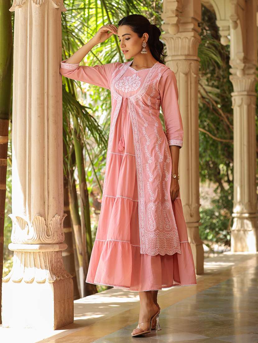 women peach embroidered tiered ethnic dress - 21567850 -  Standard Image - 4