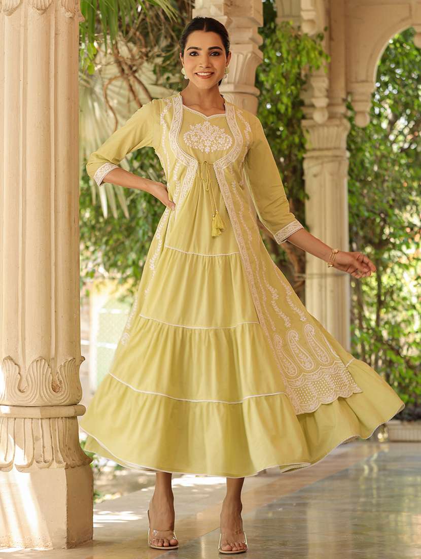 women lime embroidered tiered ethnic dress - 21567851 -  Standard Image - 1