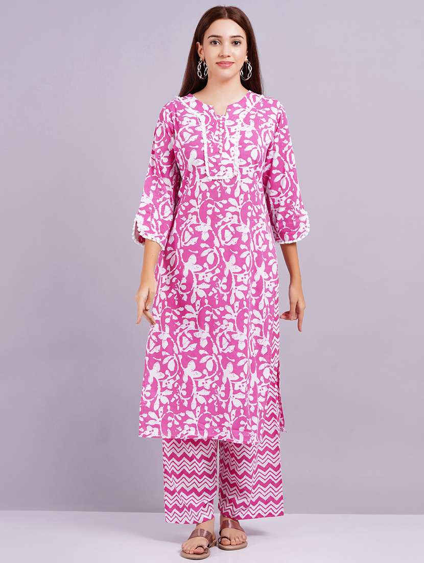 women pink notch neck kurta palazzo set