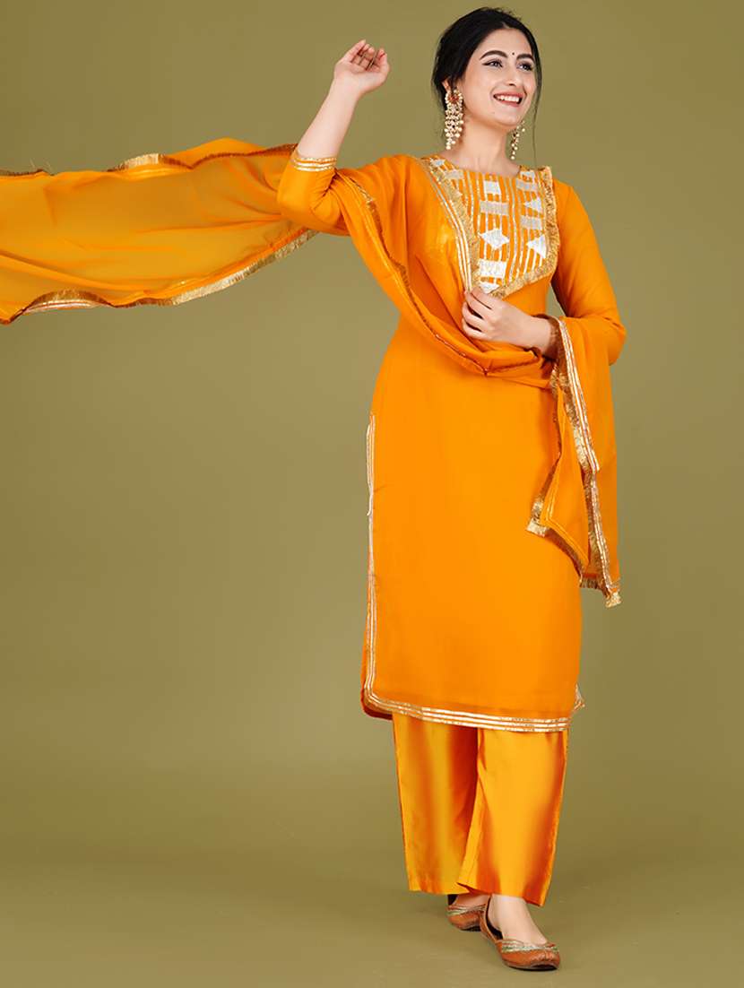 women mustard kurta palazzo set with dupatta
