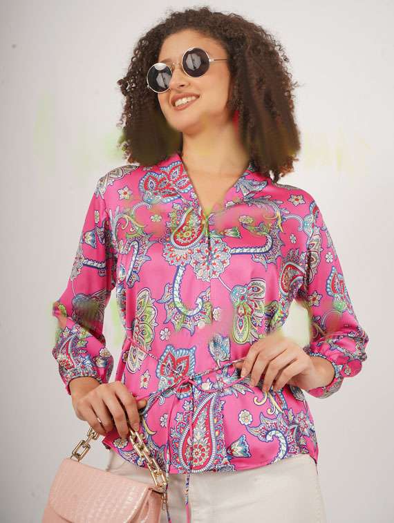 women pink printed v neck regular top