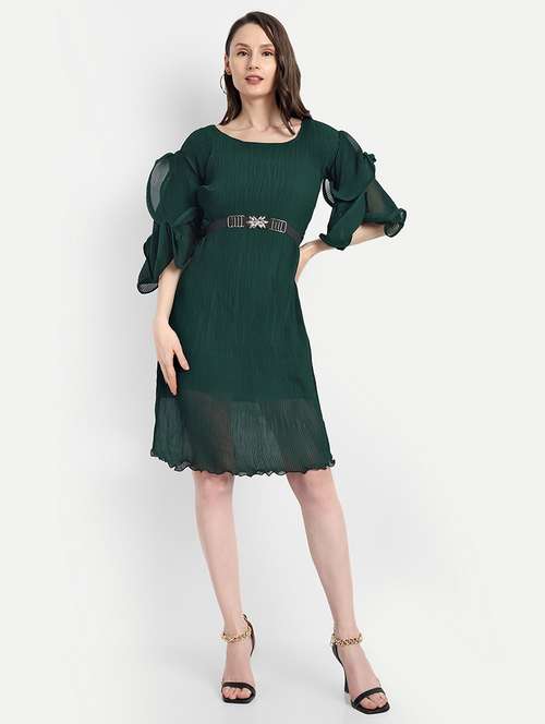 women green solid round neck a-line dress - 21568386 -  Standard Image - 0