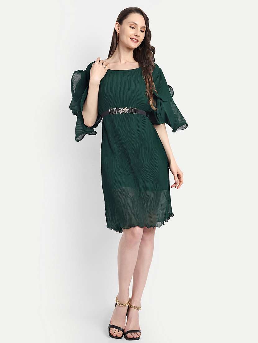 women green solid round neck a-line dress - 21568386 -  Standard Image - 1