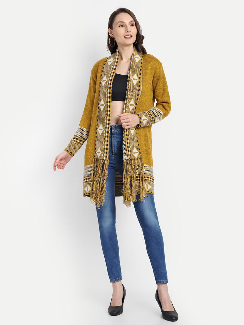 women mustard self design long sleeve shrug - 21568391 - Standard Image - 1