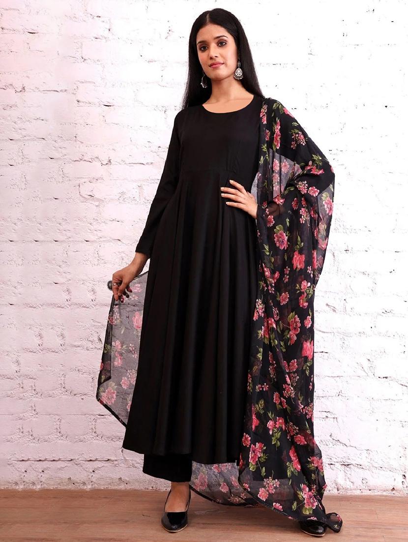 women black long sleeve anarkali kurta pant with dupatta set