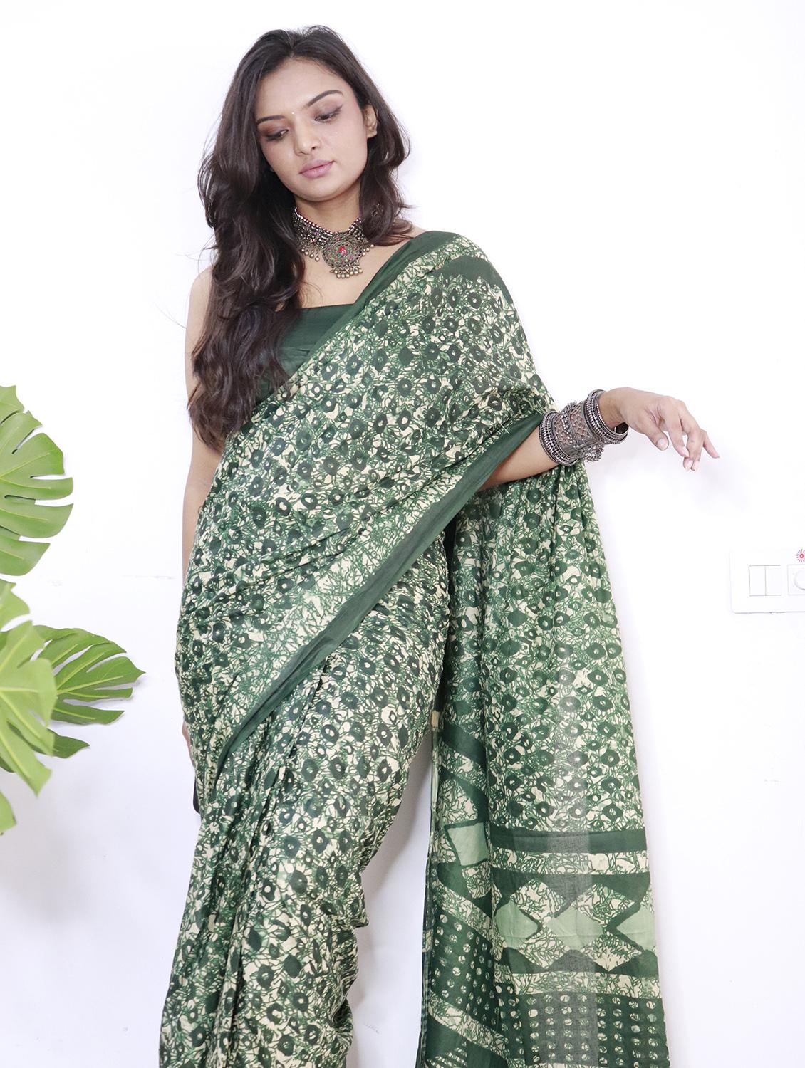 women green printed saree with blouse - 21568980 -  Standard Image - 1
