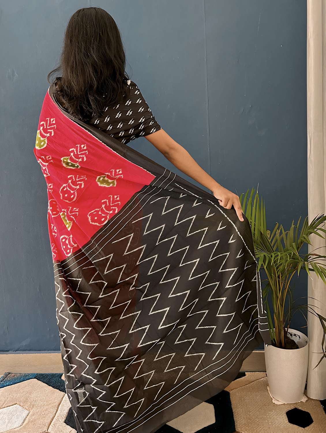 women red ikat printed saree with blouse - 21569043 -  Standard Image - 1