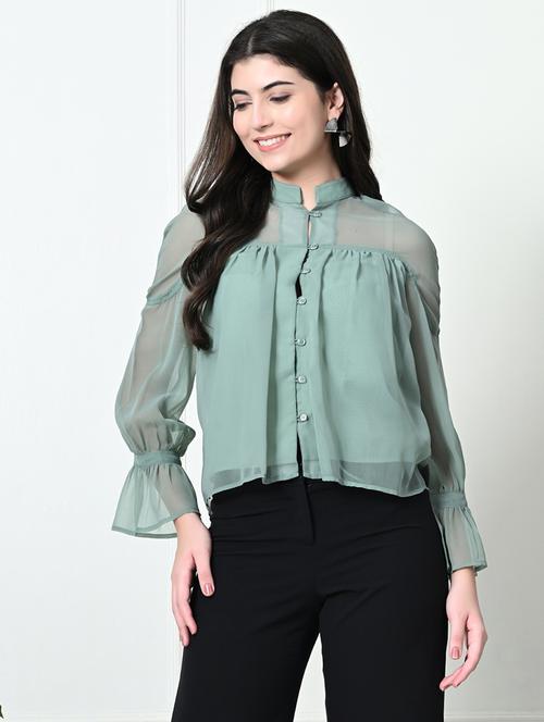 women solid mandarin neck top - 21569413 -  Standard Image - 0