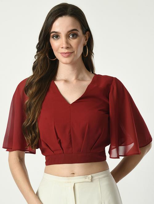 women solid v-neck crop top - 21569498 - Standard Image - 0