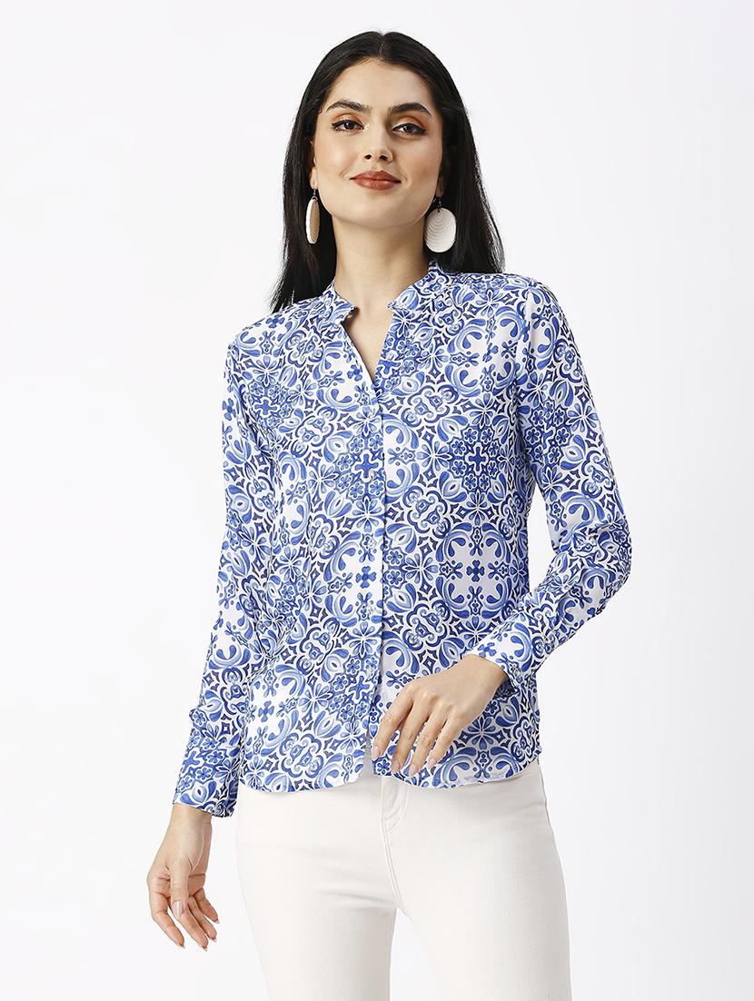 women printed mandarin neck puff sleeve shirt - 21569573 - Standard Image - 1