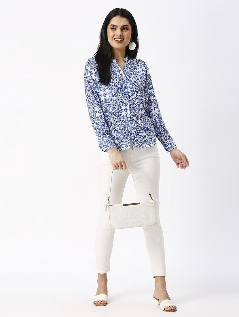 women printed mandarin neck puff sleeve shirt - 21569573 - Standard Image - 4