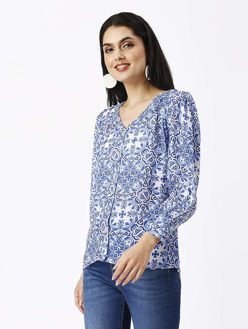 women printed v neck puff sleeve shirt - 21569576 -  Standard Image - 1