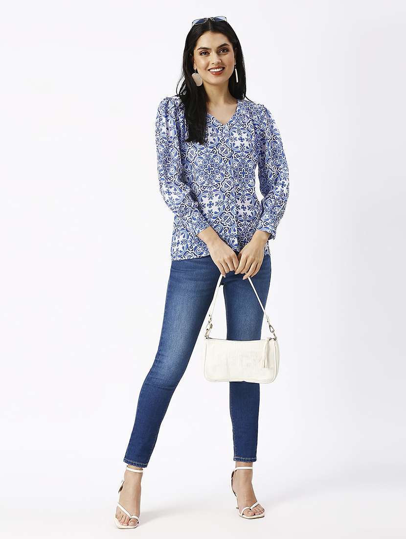 women printed v neck puff sleeve shirt - 21569576 - Standard Image - 4