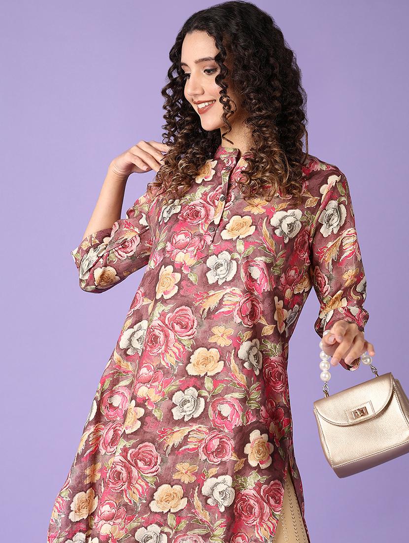 women floral mandarin neck straight kurta - 21569660 - Standard Image - 4