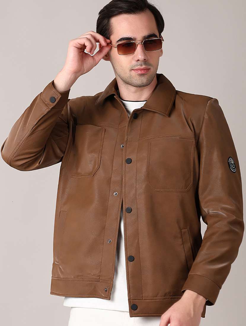 men brown solid long sleeve biker jacket - 21569671 -  Standard Image - 1