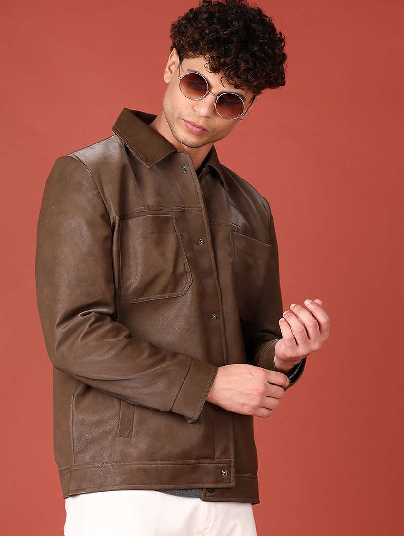 men brown solid long sleeve biker jacket - 21569672 -  Standard Image - 1
