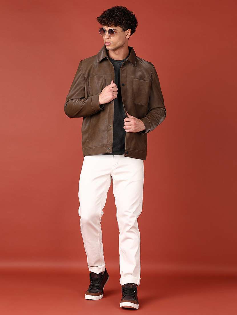 men brown solid long sleeve biker jacket - 21569672 -  Standard Image - 4