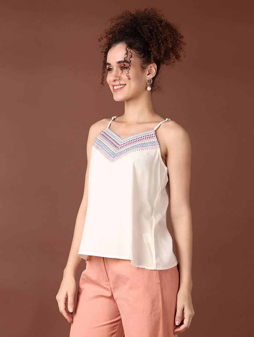 women solid shoulder strap neck top - 21569686 -  Standard Image - 1