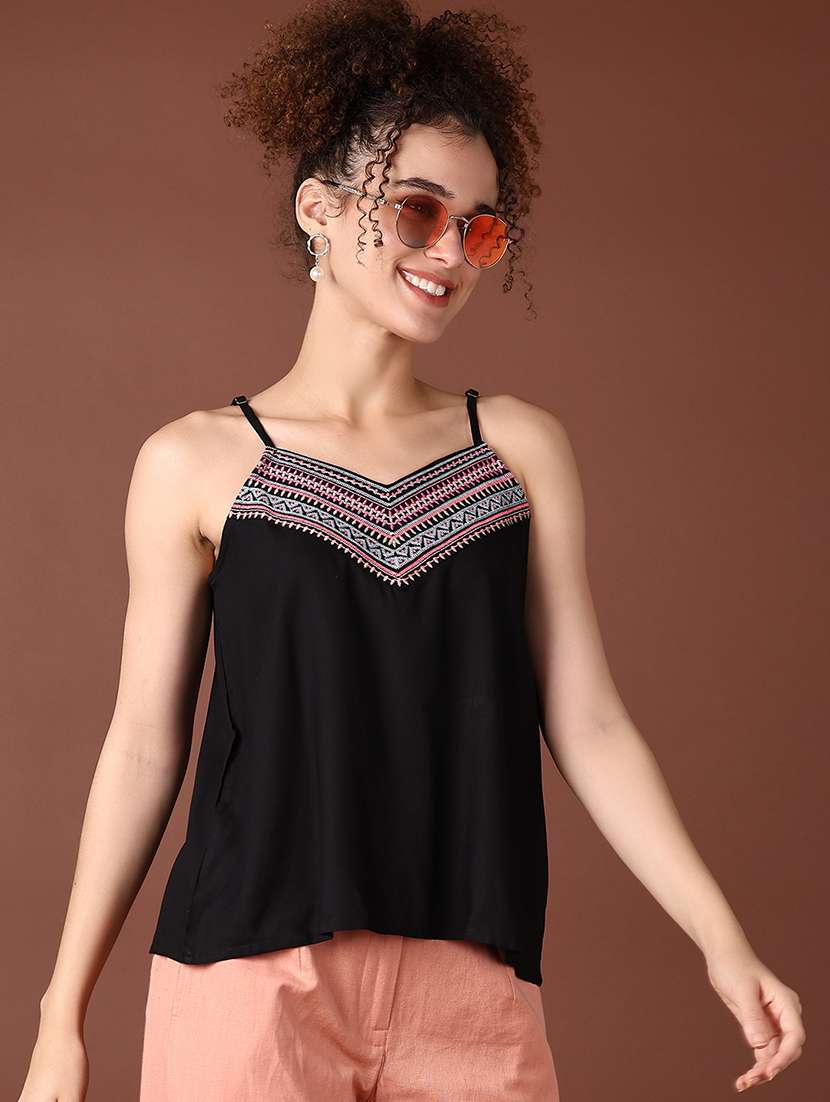 women solid shoulder strap neck top - 21569687 -  Standard Image - 1