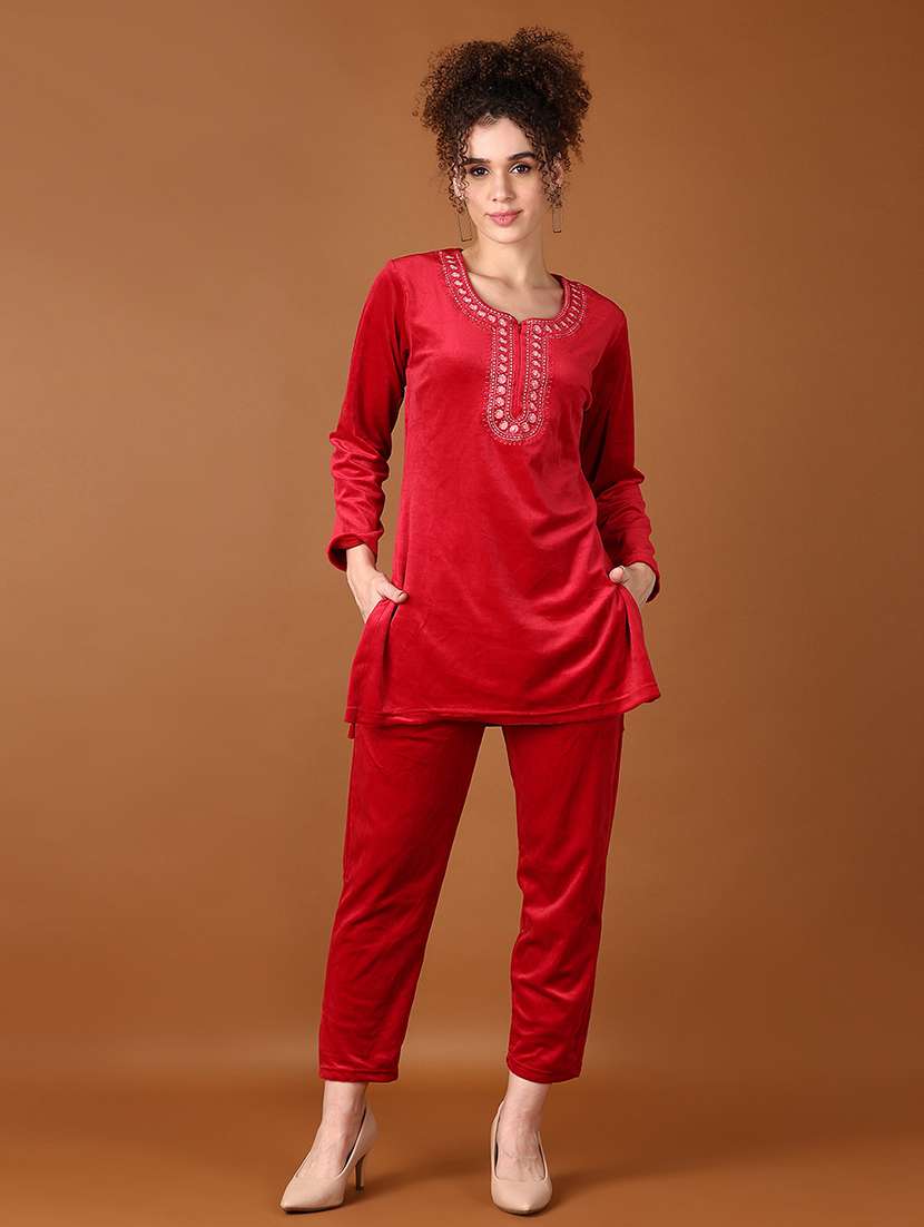 women red embroidered kurta pant set