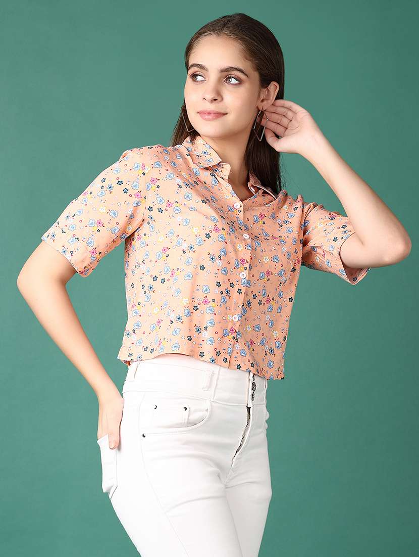 women peach floral printed crop shirt - 21569693 -  Standard Image - 1