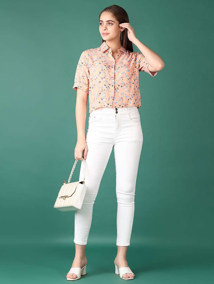 women peach floral printed crop shirt - 21569693 -  Standard Image - 4