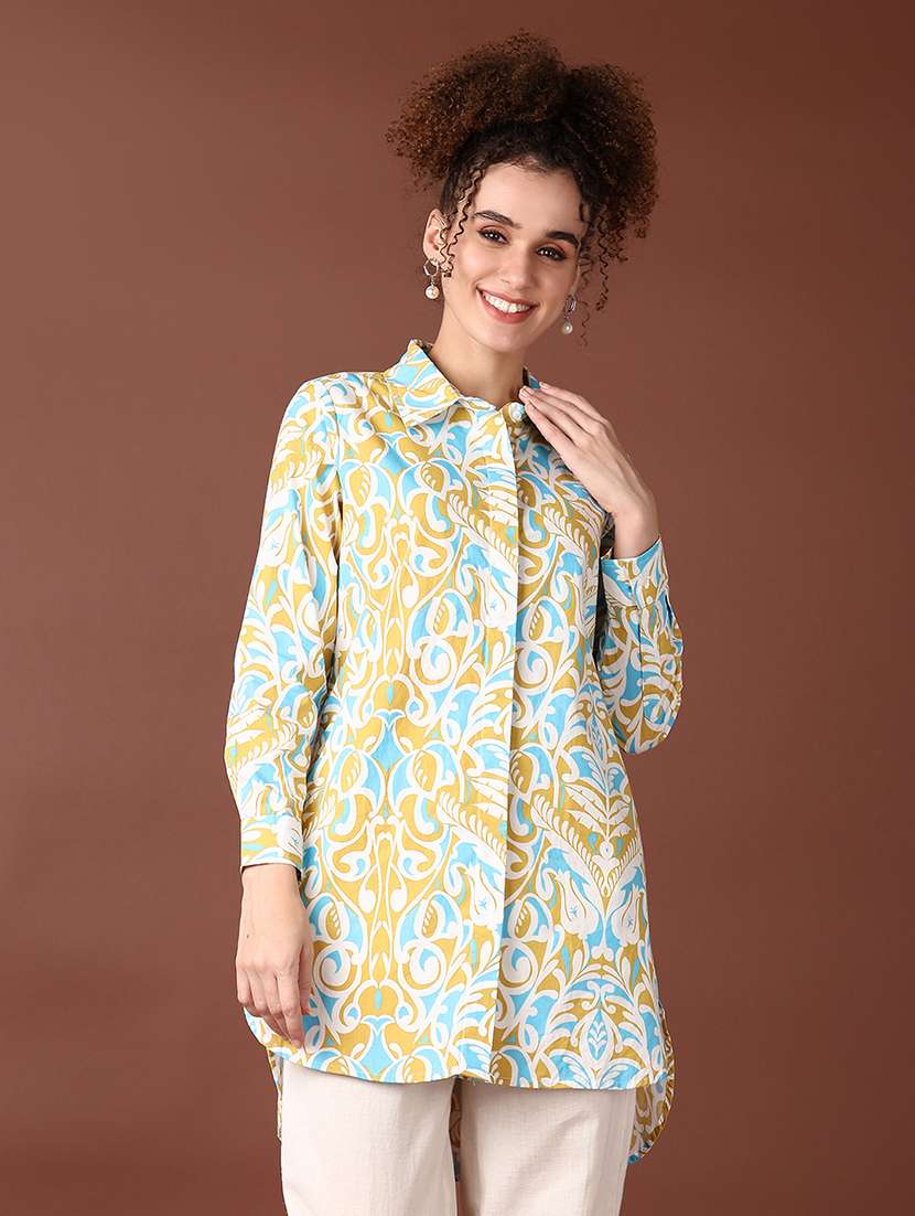 women blue long sleeve high-low kurti