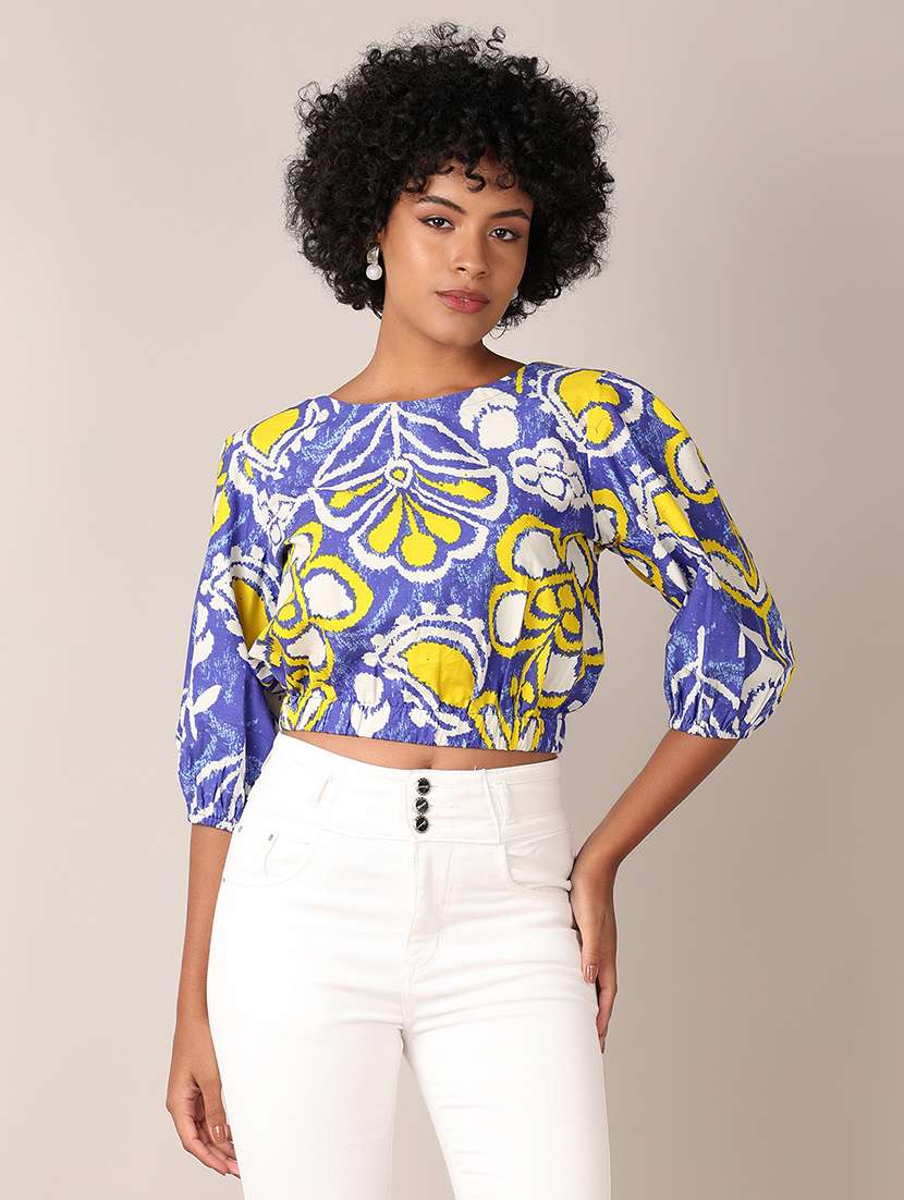 women printed puff sleeves crop top