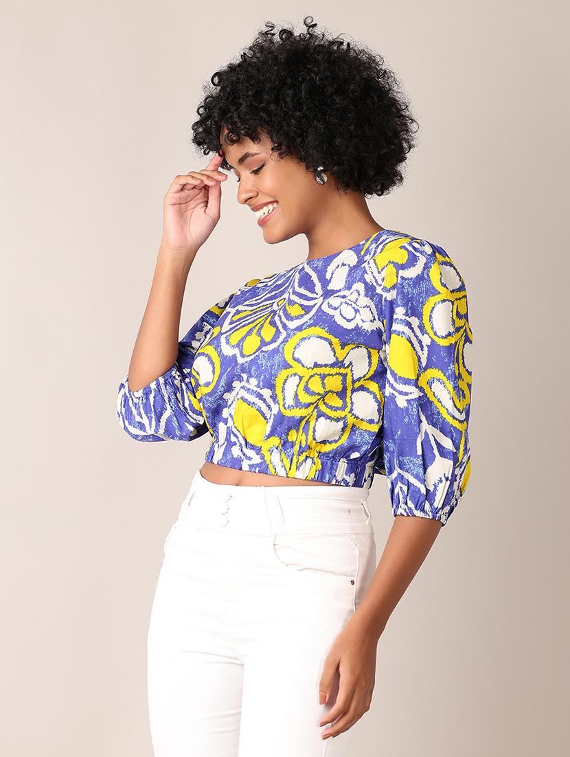 women printed puff sleeves crop top - 21569741 - Standard Image - 1