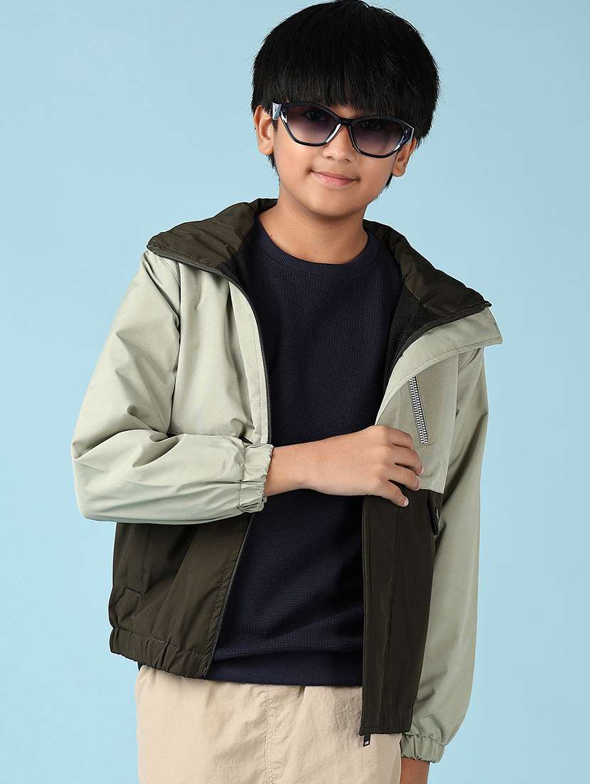 boys olive color block long sleeve hooded jacket - 21569805 -  Standard Image - 1