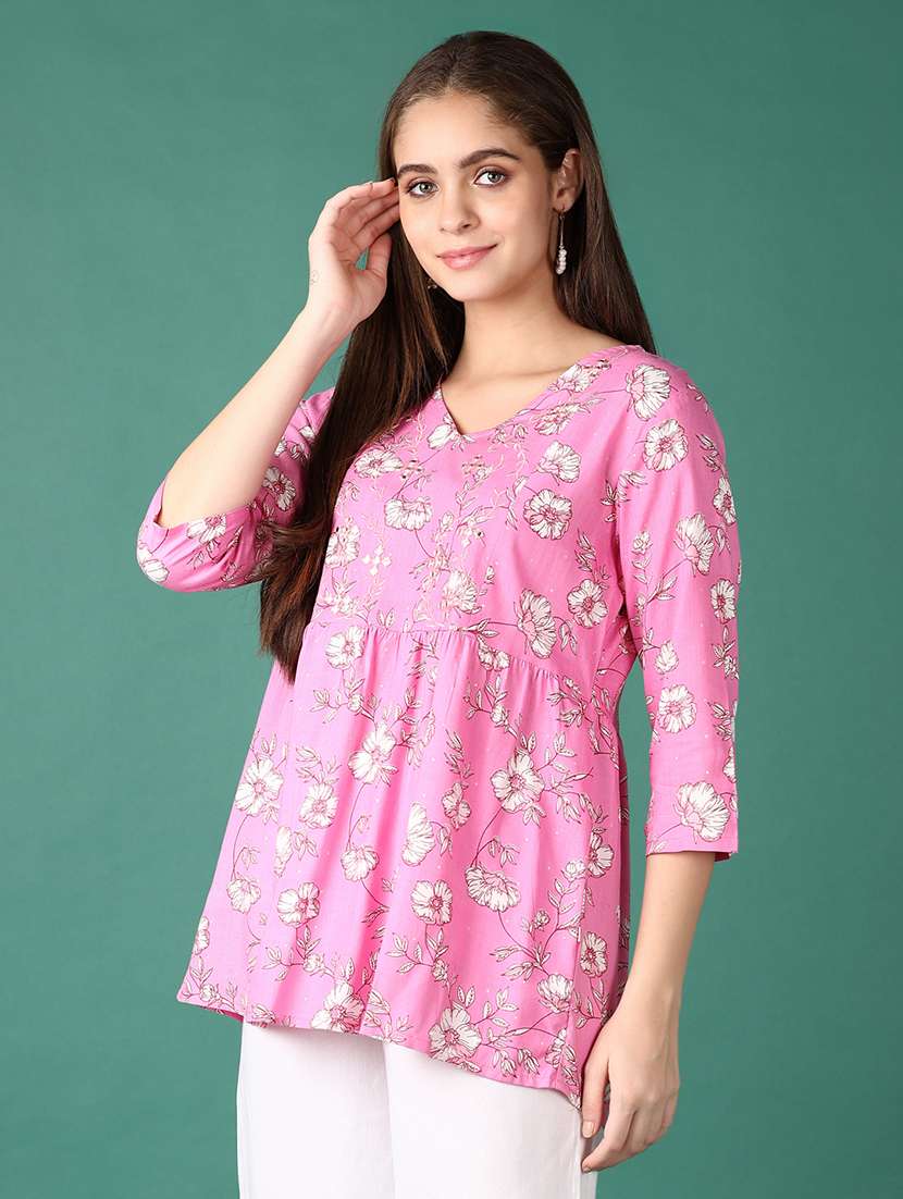 women floral three quarter sleeve a-line kurti - 21569985 -  Standard Image - 1